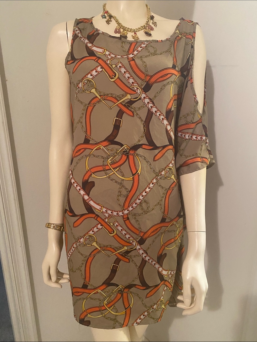 Soprano Taupe One-Shoulder Chain-Print Dress with Orange Accents